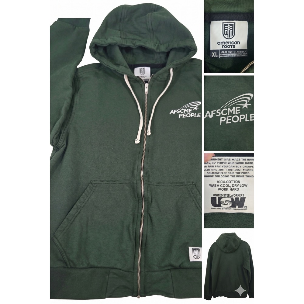 American Roots Hoodie Mens XL Dark Green Full Zip Made In USA Union Made AFSCME